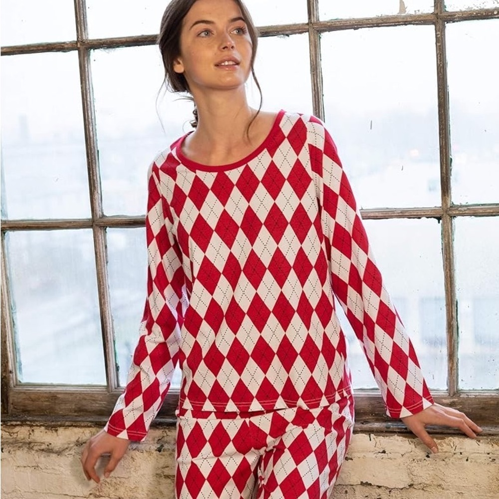 Leveret Women’s Red and White Argyle 100% Cotton Pajama Night Shirt